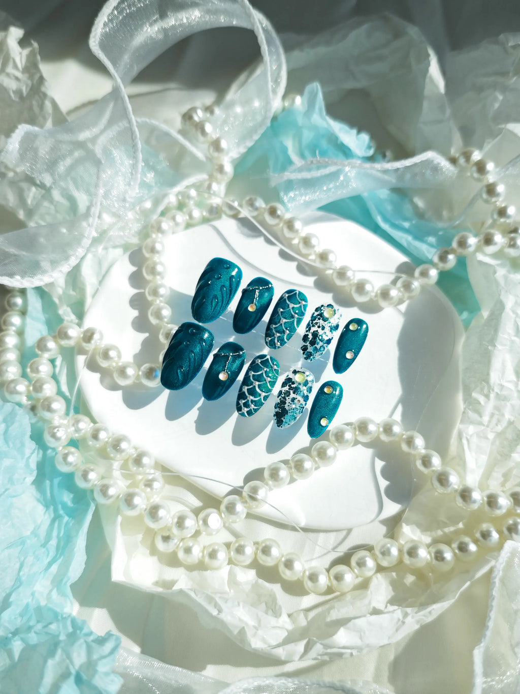 Deep Teal Mermaid Scale Oval Nails