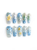 Press On Nails | Blue Watercolor 3D Floral Coffin Nails