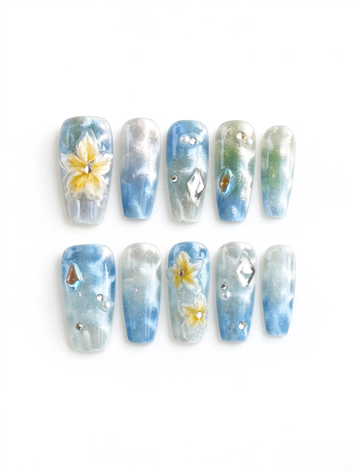 Press On Nails | Blue Watercolor 3D Floral Coffin Nails
