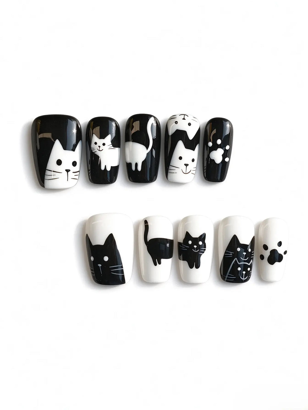 Black White Hand‑Painted Cat Short Coffin Press On Nails