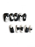 Black White Hand‑Painted Cat Short Coffin Press On Nails