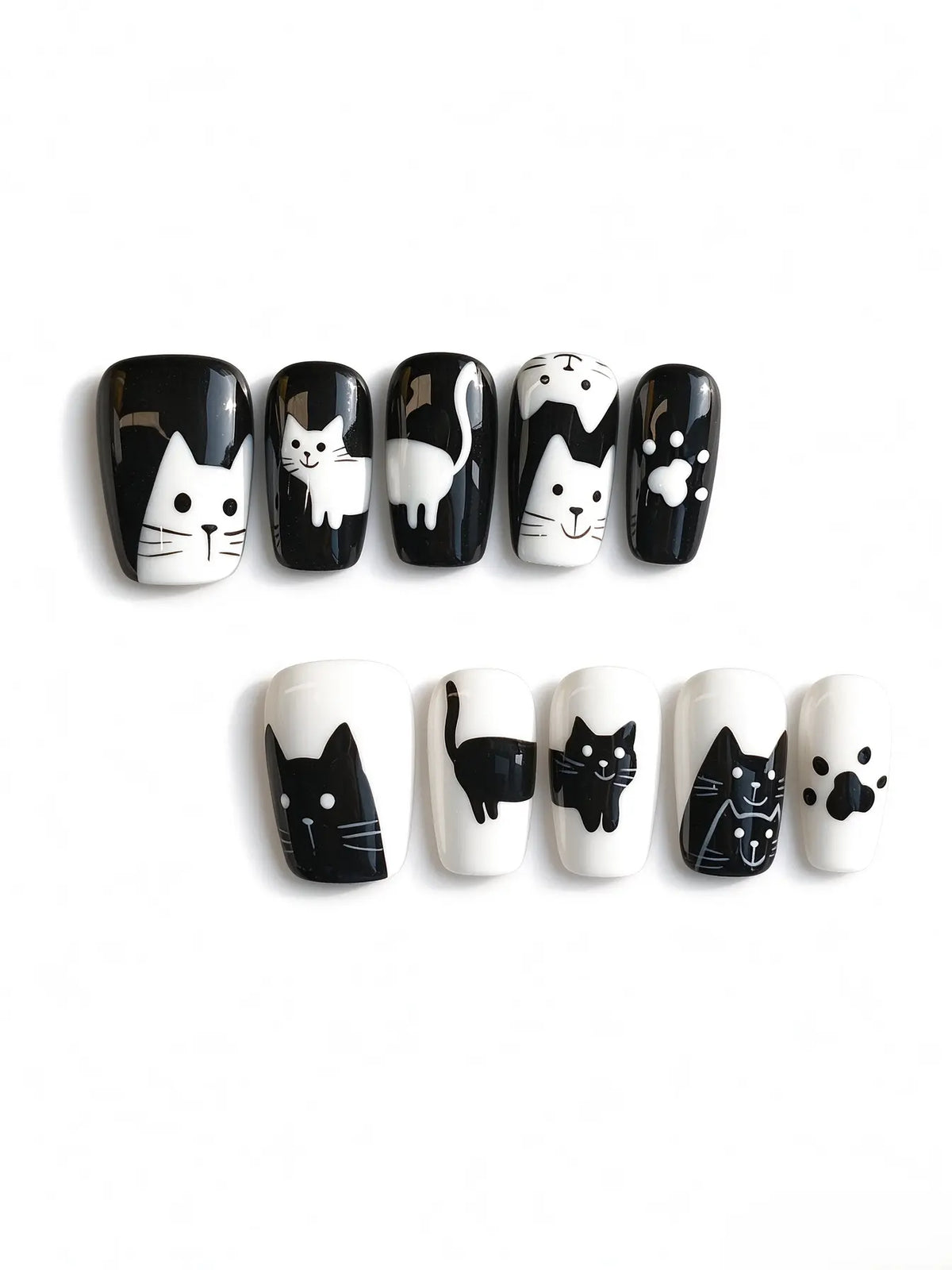 Black White Hand‑Painted Cat Short Coffin Press On Nails