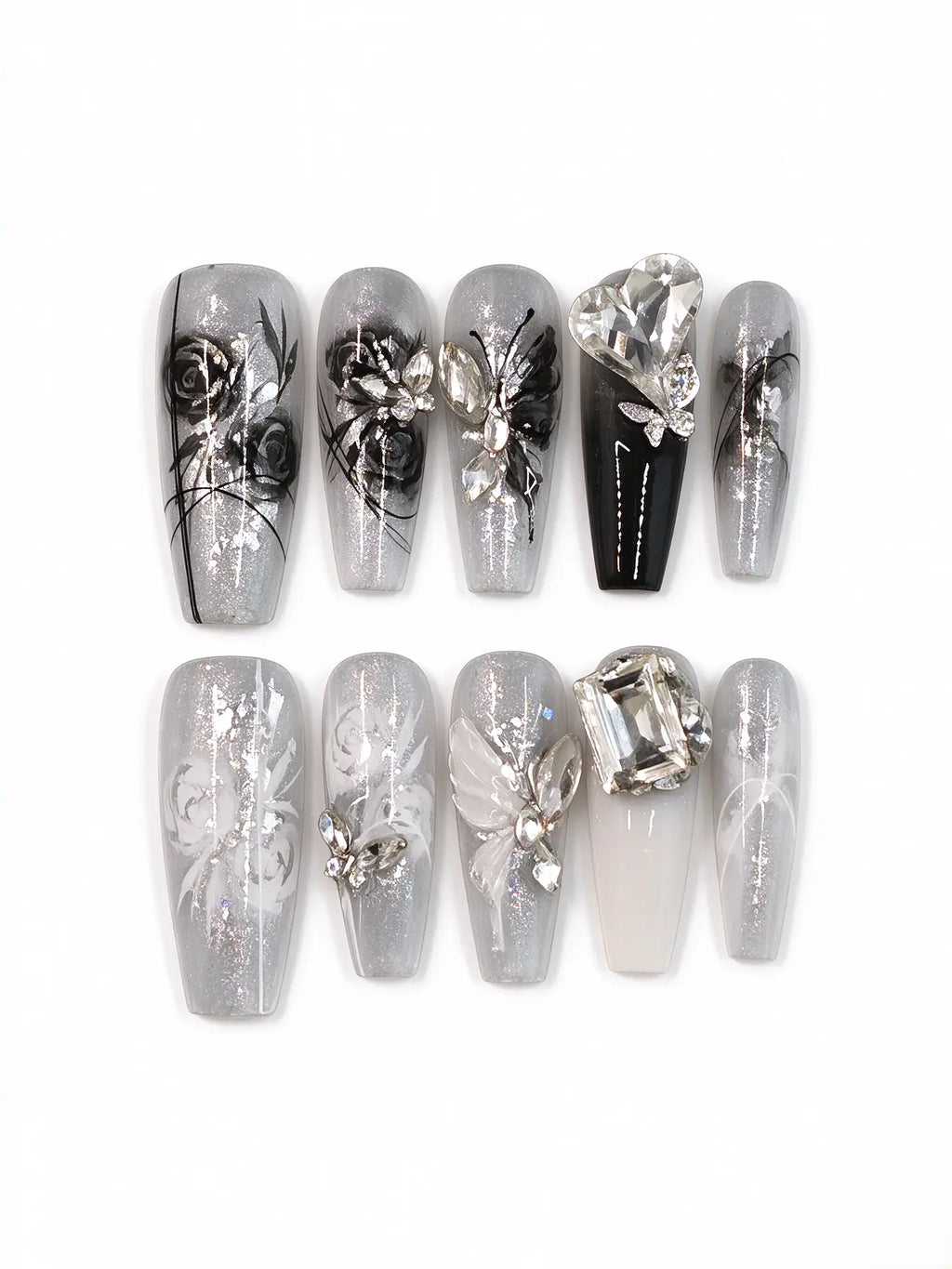 Silver Glitter Butterfly Rose Coffin Nails