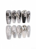 Silver Glitter Butterfly Rose Coffin Nails