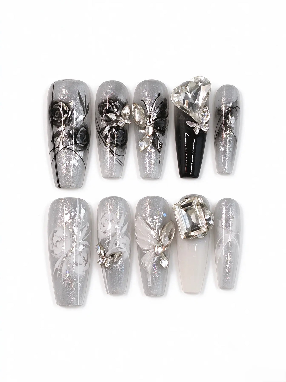 Silver Glitter Butterfly Rose Coffin Nails