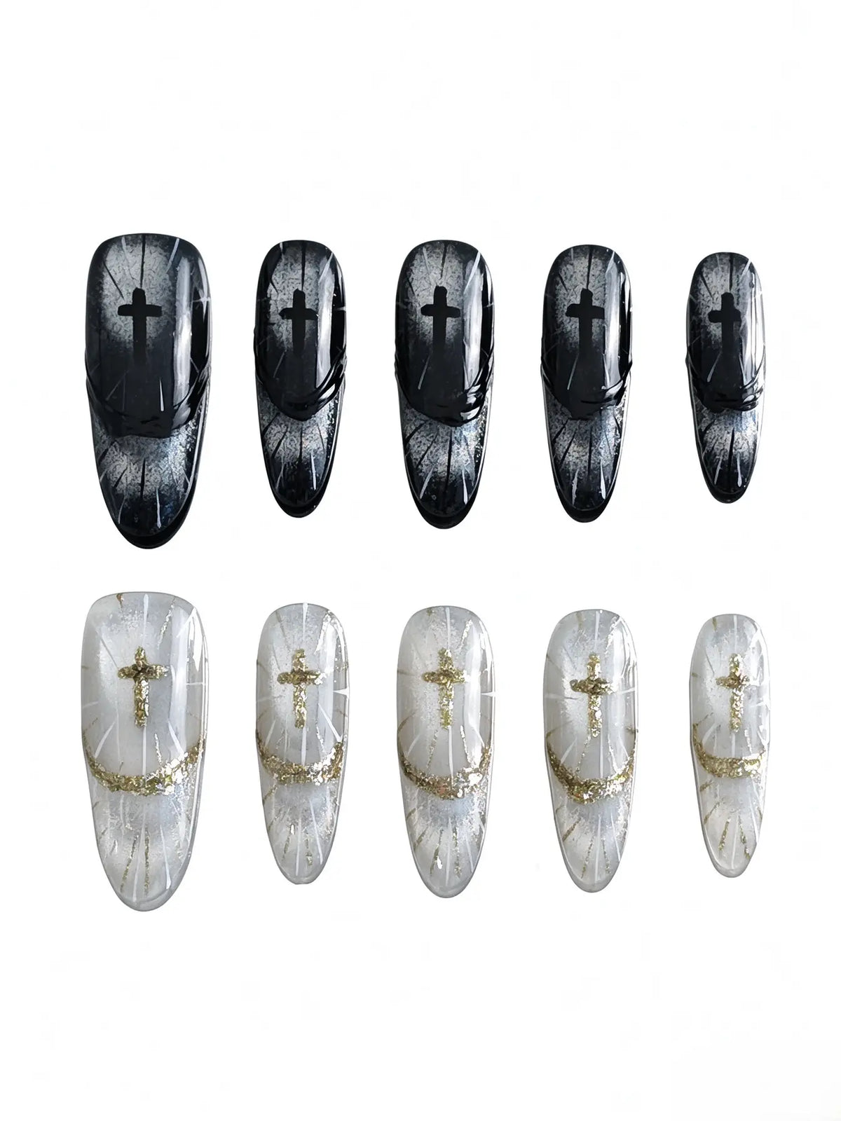 Black White Gothic Cross Almond Nails