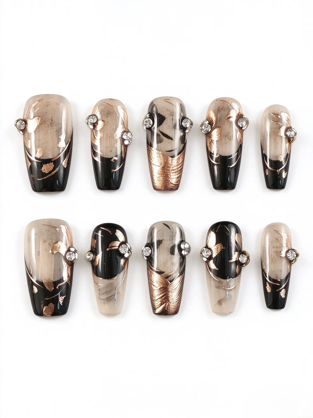 Black Rose Gold Foil Crystal Coffin Nails