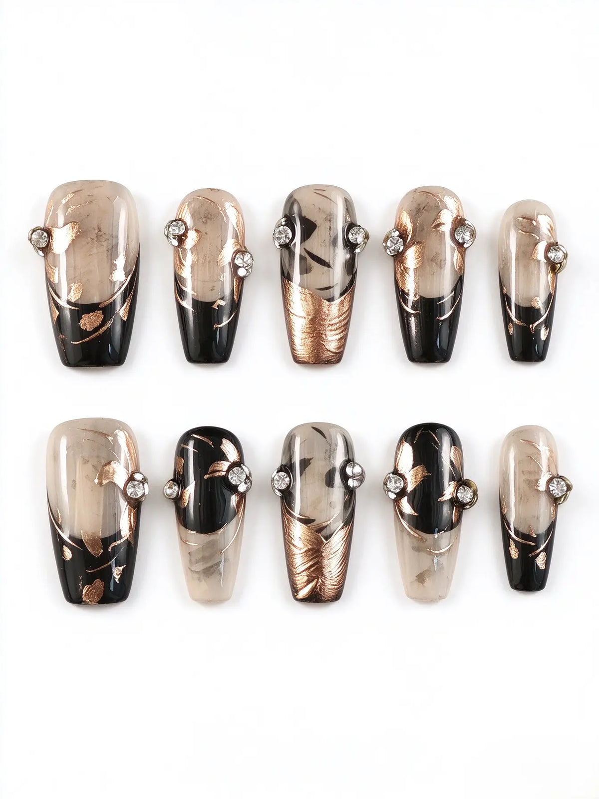 Black Rose Gold Foil Crystal Coffin Nails