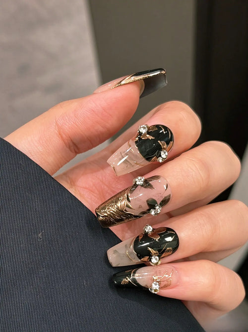 Black Rose Gold Foil Crystal Coffin Nails