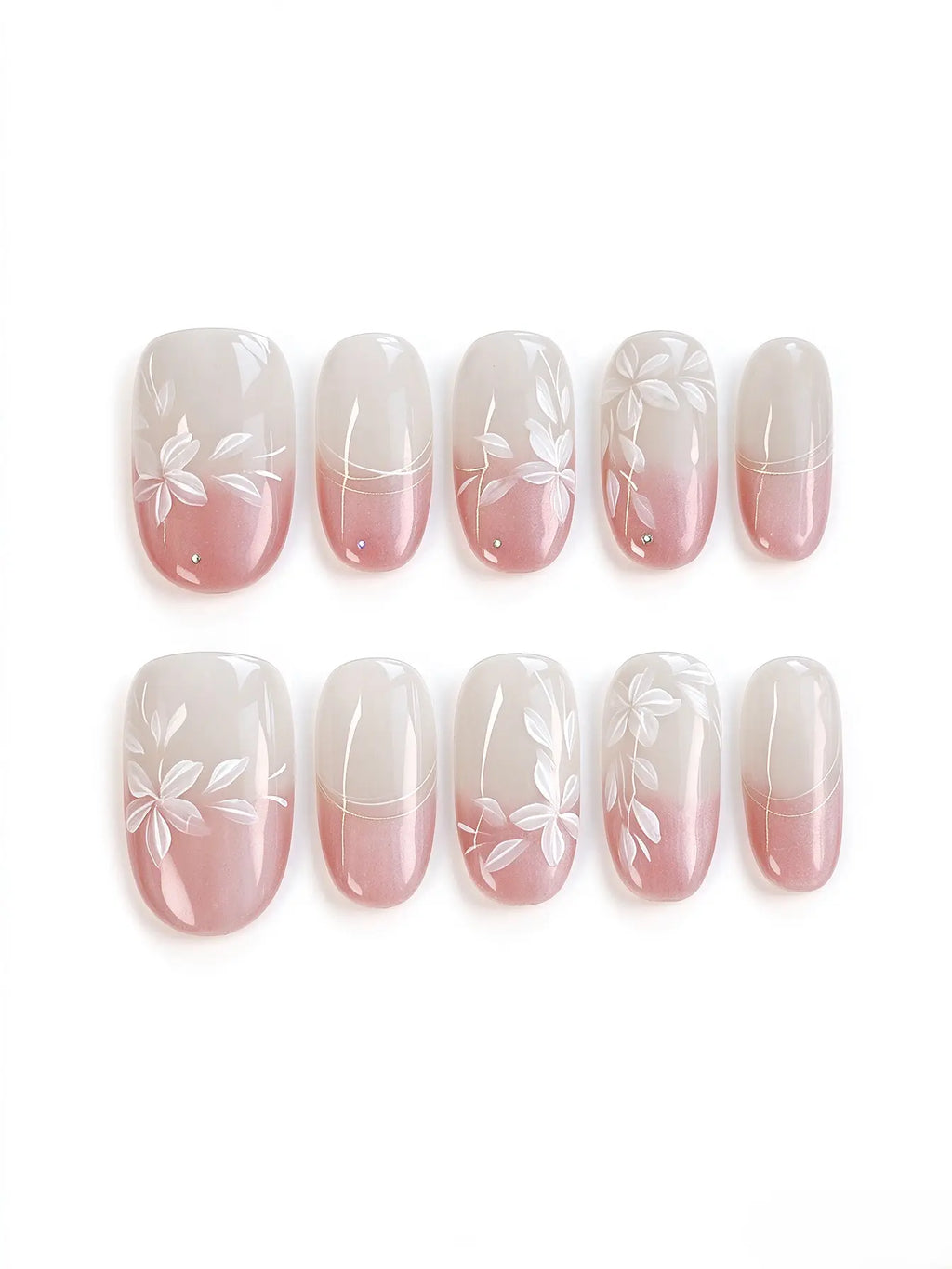 Press On Nails | Pink Gradient White Floral Short Oval Nails