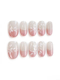 Press On Nails | Pink Gradient White Floral Short Oval Nails
