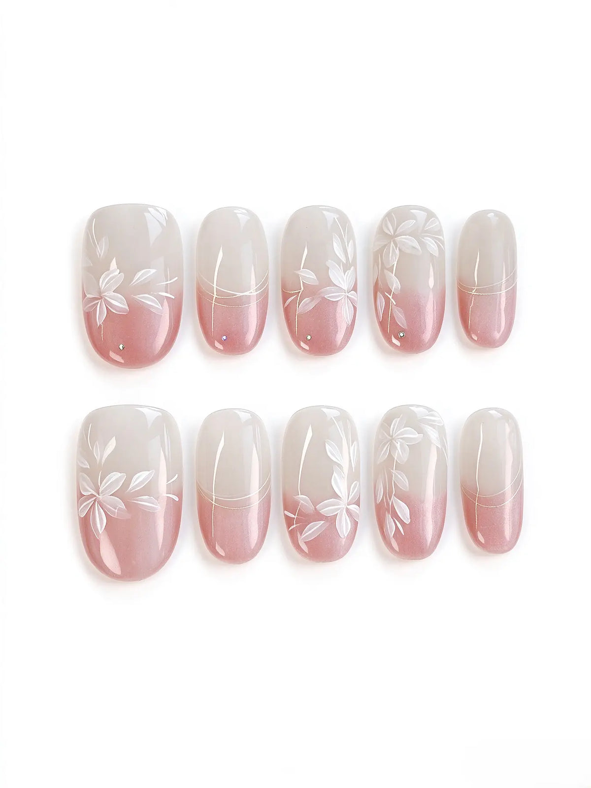 Press On Nails | Pink Gradient White Floral Short Oval Nails