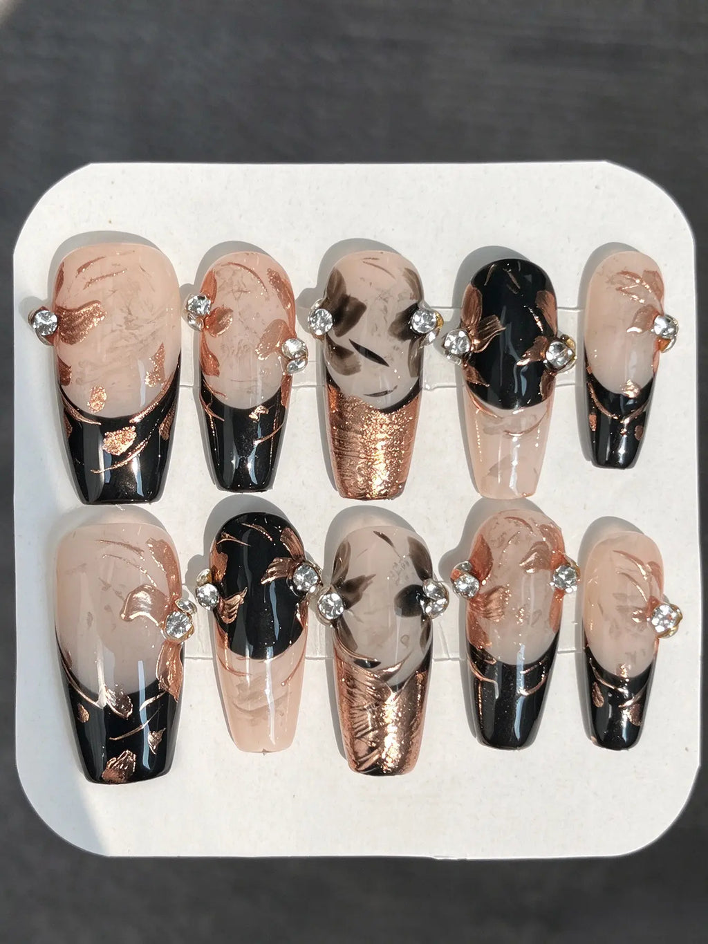 Black Rose Gold Foil Crystal Coffin Nails