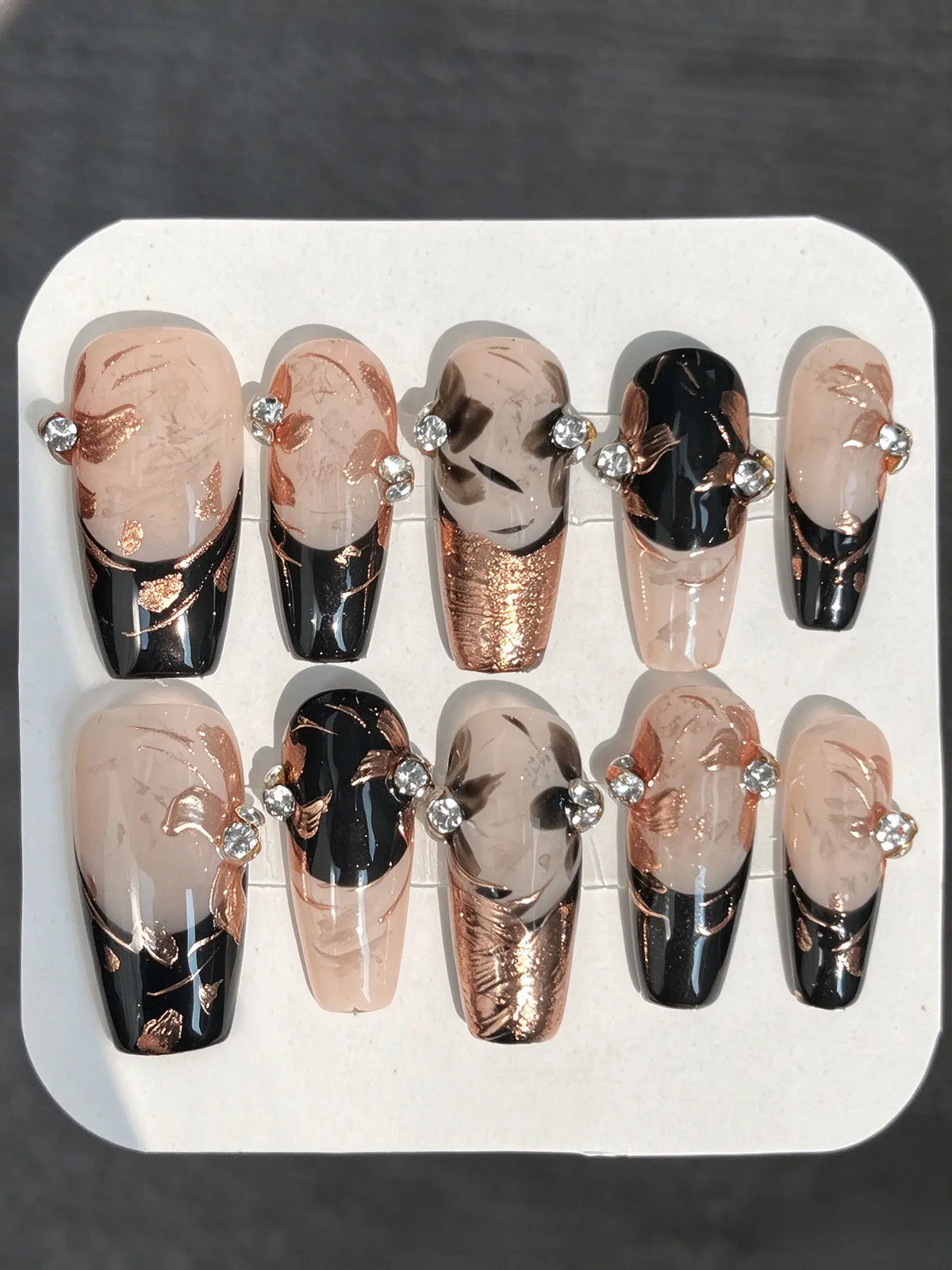 Black Rose Gold Foil Crystal Coffin Nails