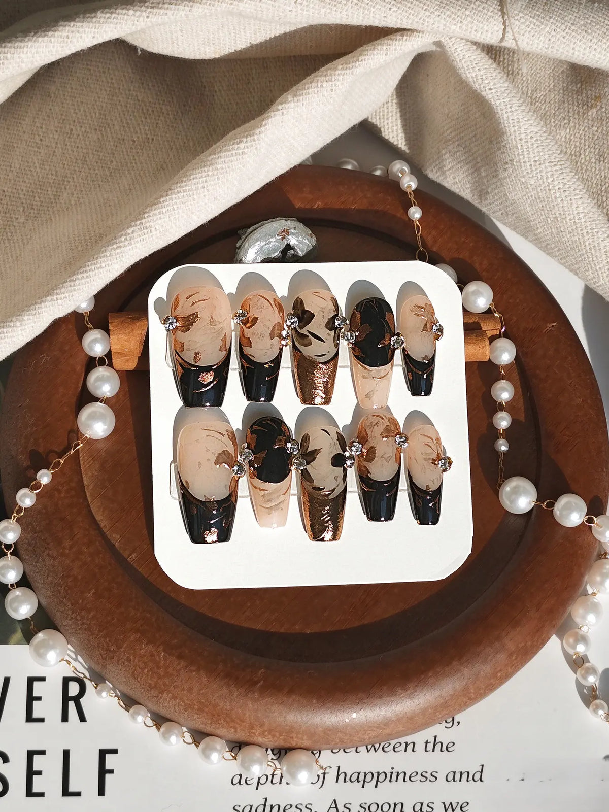 Black Rose Gold Foil Crystal Coffin Nails