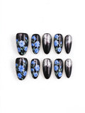 Reusable Black Hand‑Painted Blue Floral Almond Nails