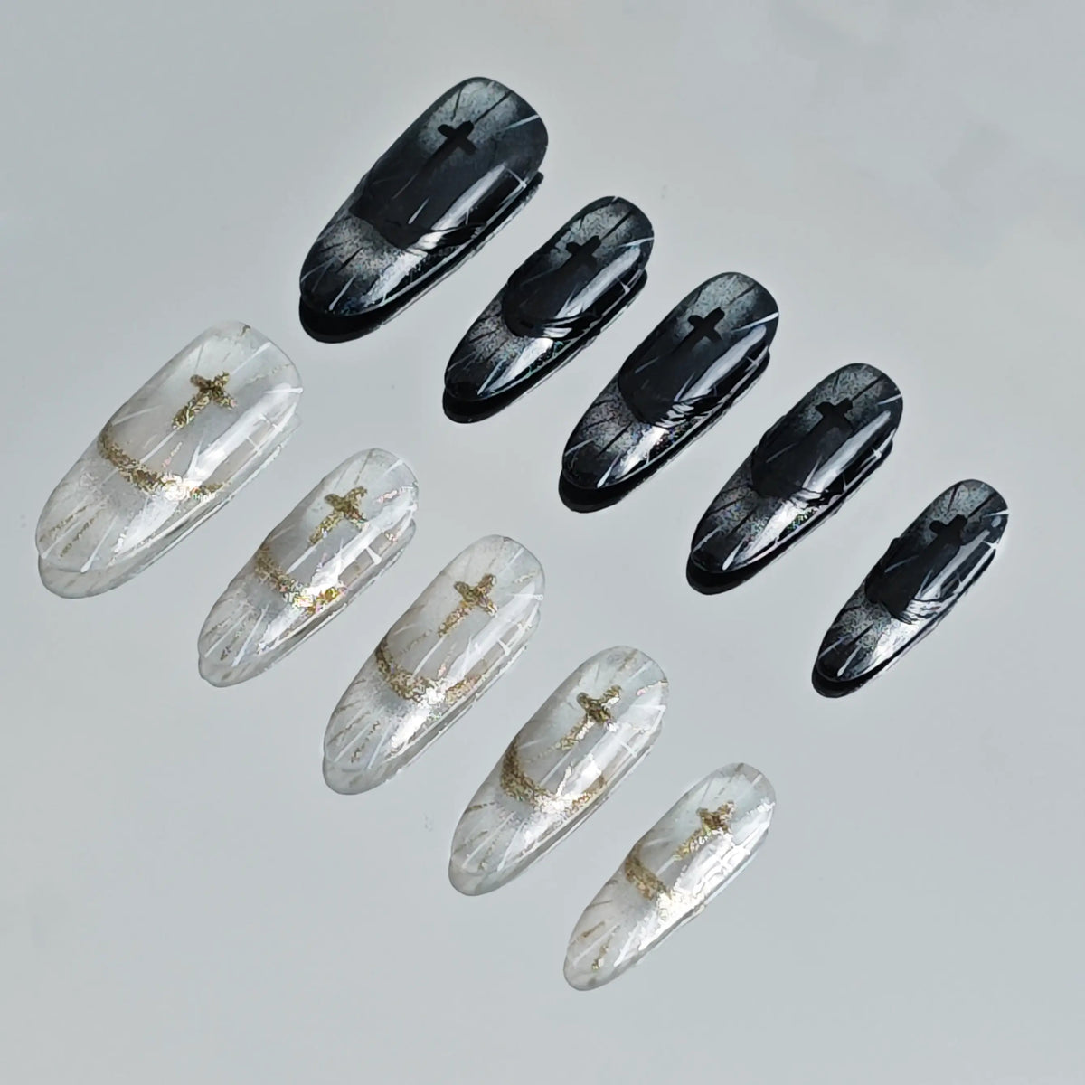Black White Gothic Cross Almond Nails