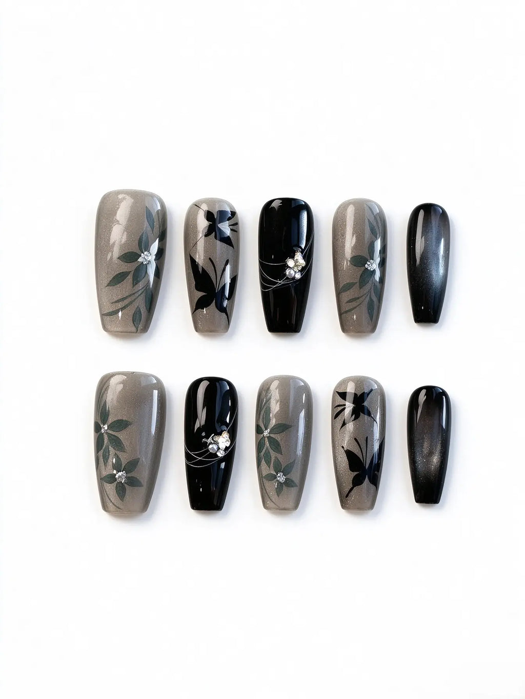 Black Butterfly Glitter Medium Coffin Nails