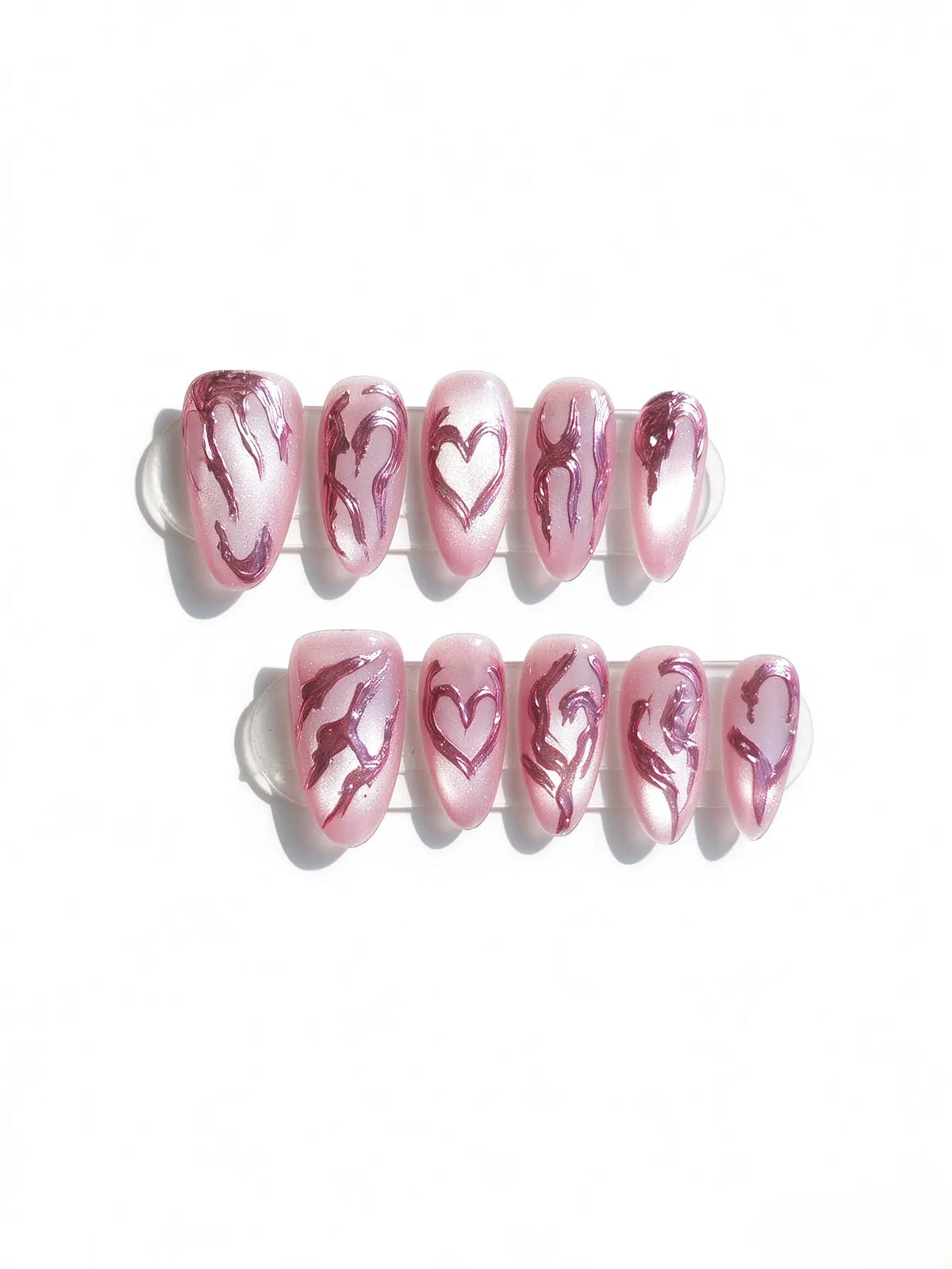 Pink Cat Eye Heart Short Oval Press On Nails