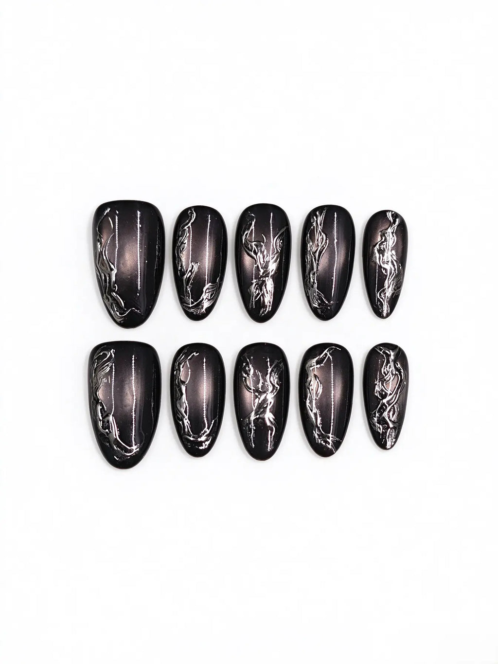 Black Metallic Silver Swirl Medium Oval Nails