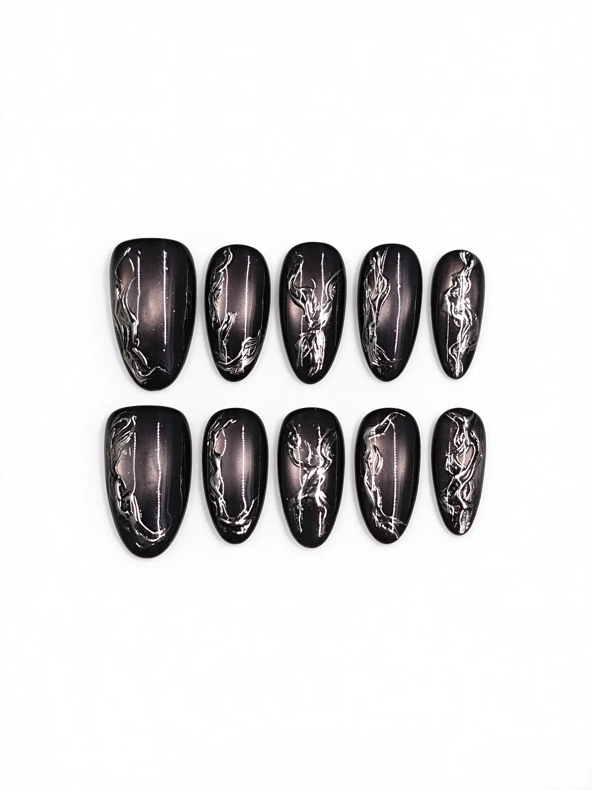 Black Metallic Silver Swirl Medium Oval Nails