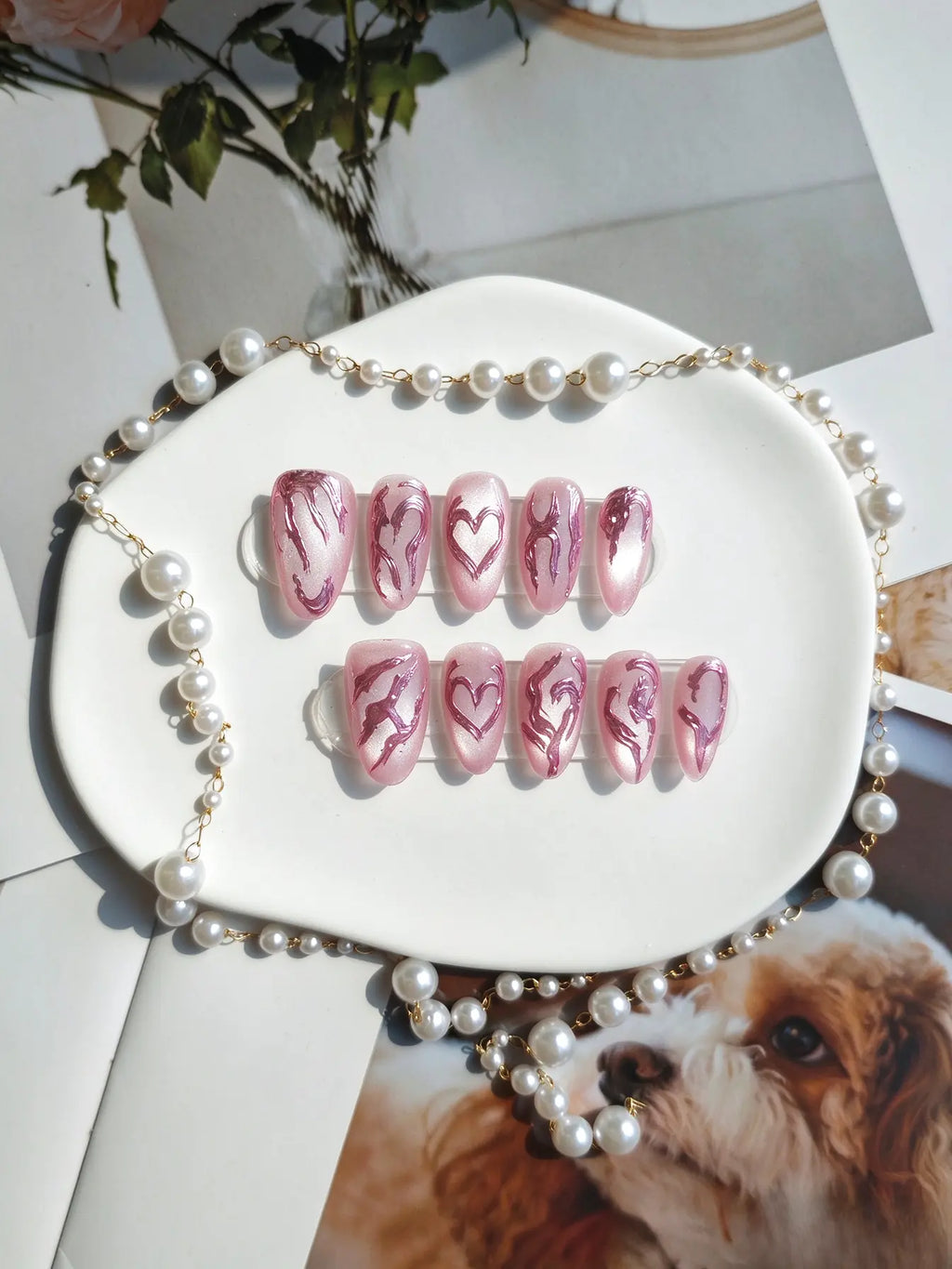 Pink Cat Eye Heart Short Oval Press On Nails