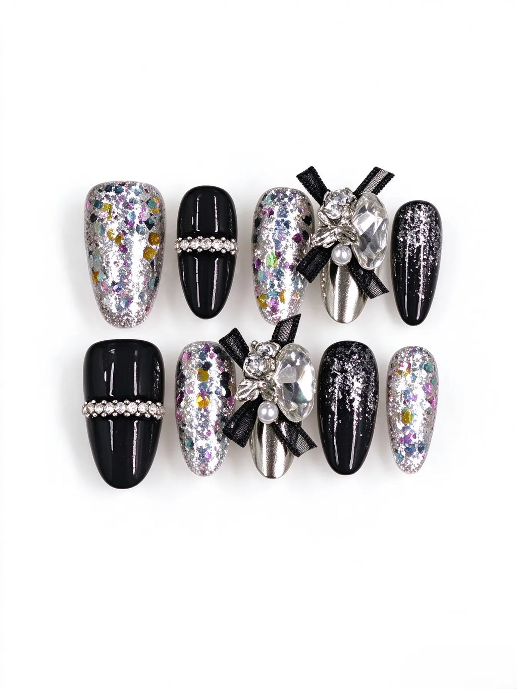 Black Glitter 3D Bow Medium Coffin Nails