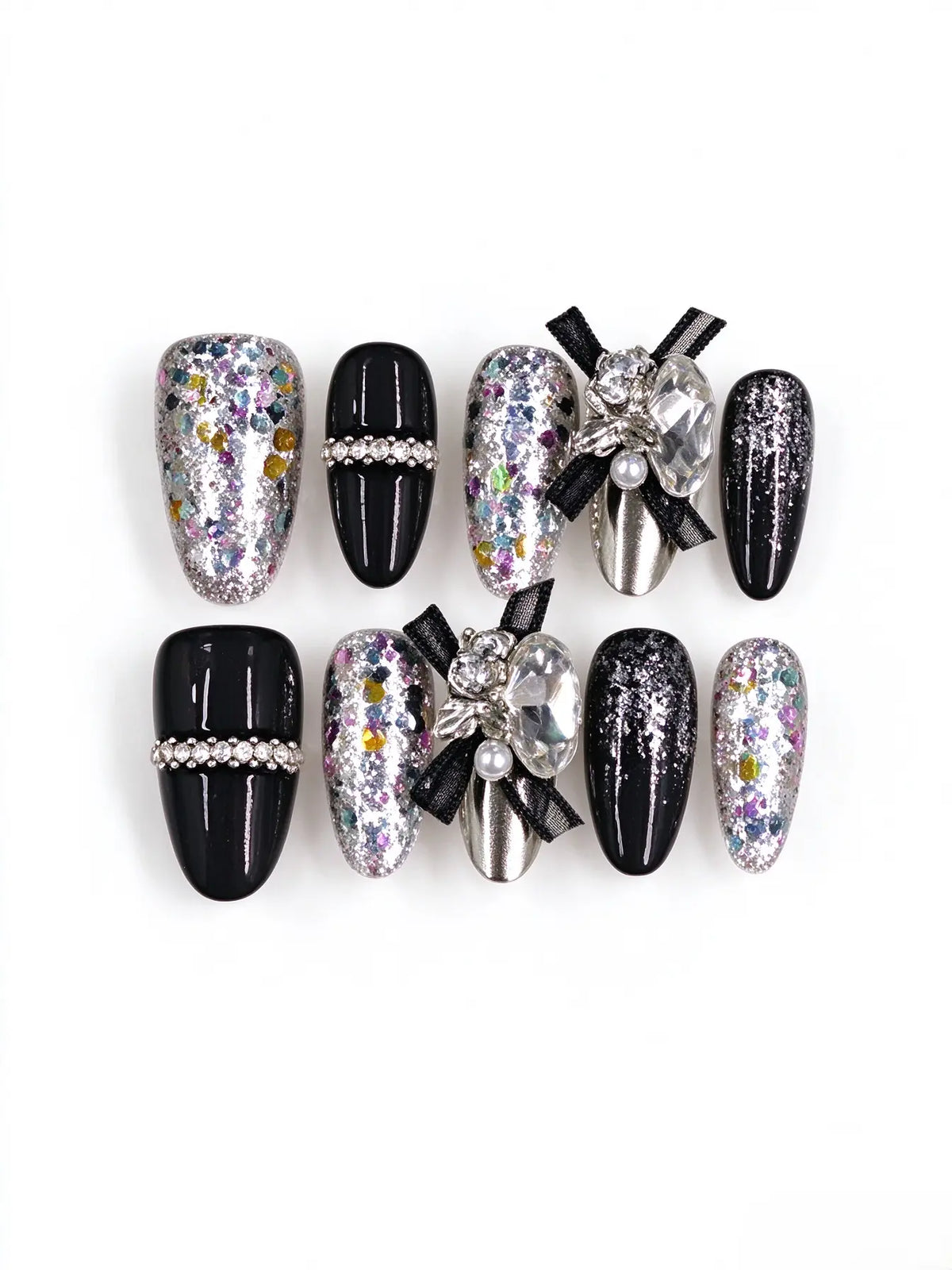 Black Glitter 3D Bow Medium Coffin Nails