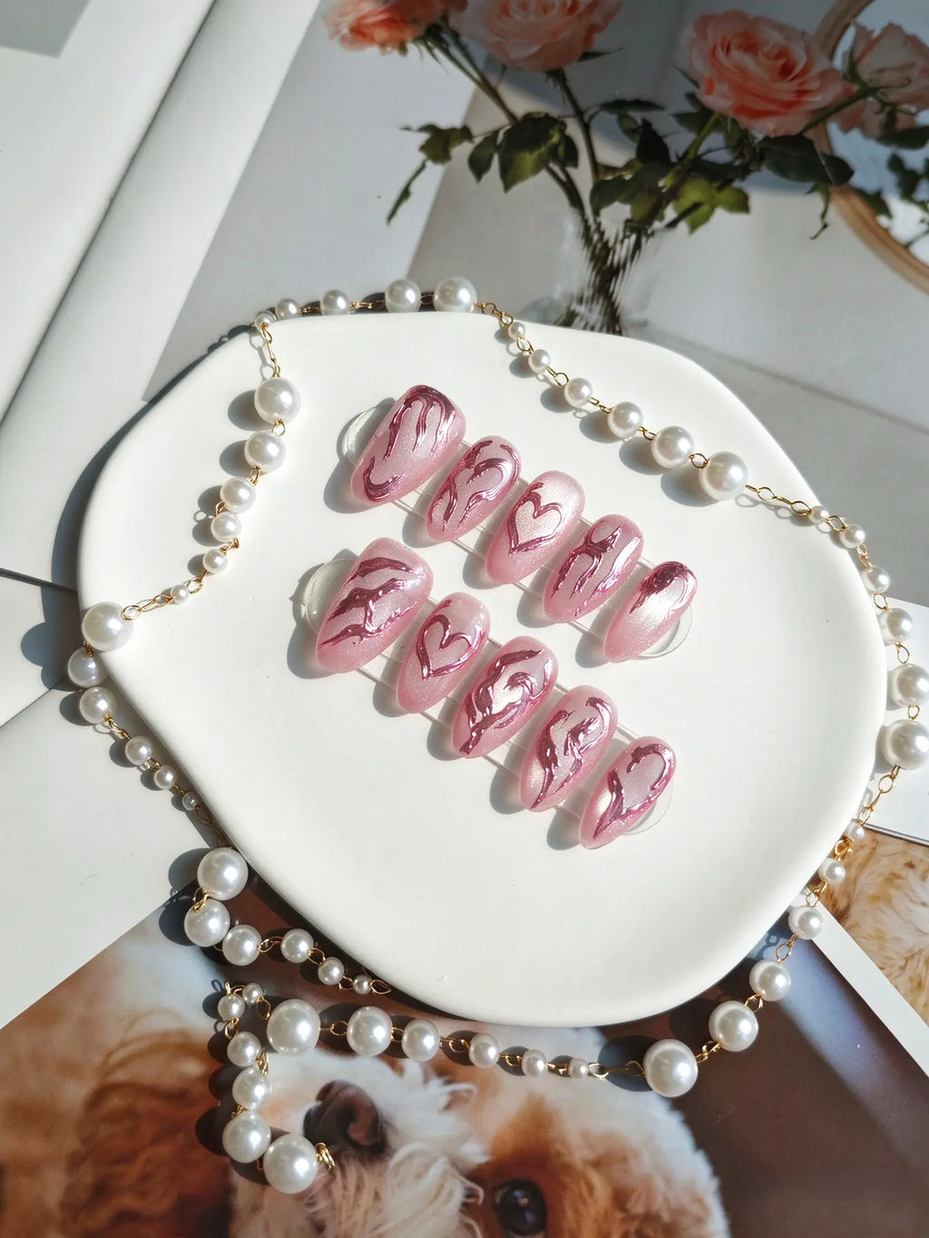 Pink Cat Eye Heart Short Oval Press On Nails