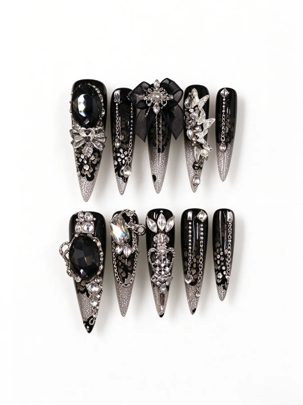Gothic Lace 3D Rhinestone Long Stiletto Nails