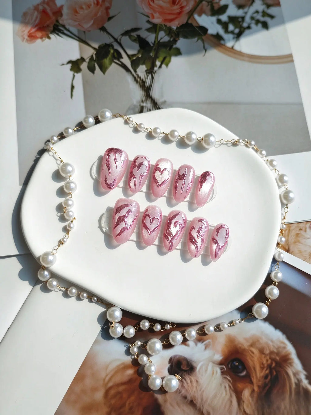 Pink Cat Eye Heart Short Oval Press On Nails