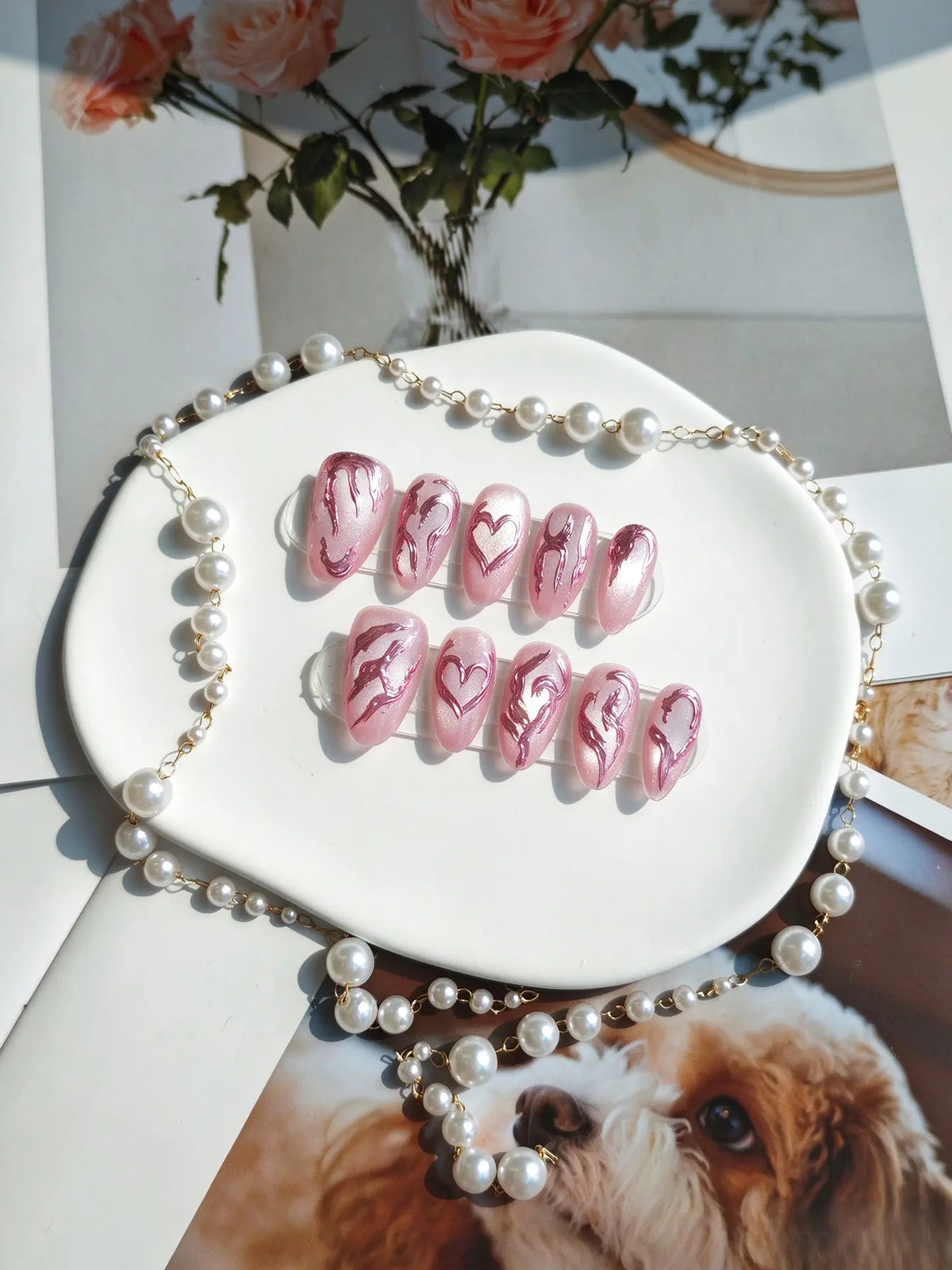 Pink Cat Eye Heart Short Oval Press On Nails