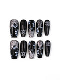 Black Silver Floral Pearl Medium Coffin Nails