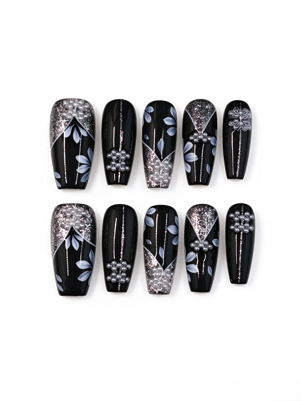 Black Silver Floral Pearl Medium Coffin Nails