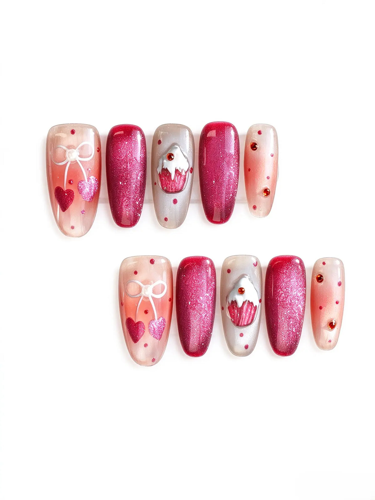 Press On Nails | 3D Cupcake Heart Bow Long Coffin Nails