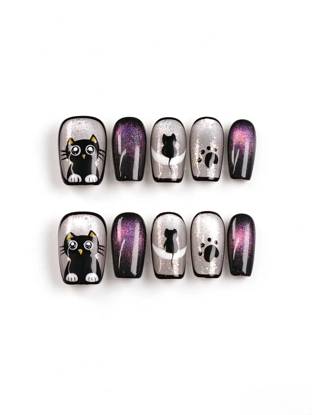 Cute Black Cat Purple Shimmer Short Oval Nails