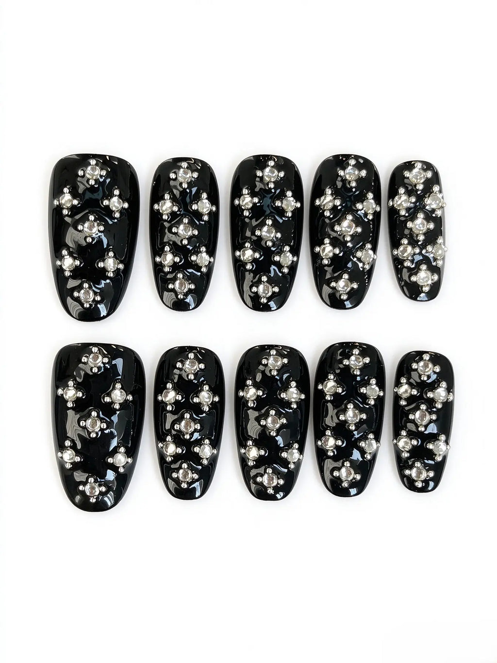 Glossy Black Cross Rhinestone Medium Coffin Nails