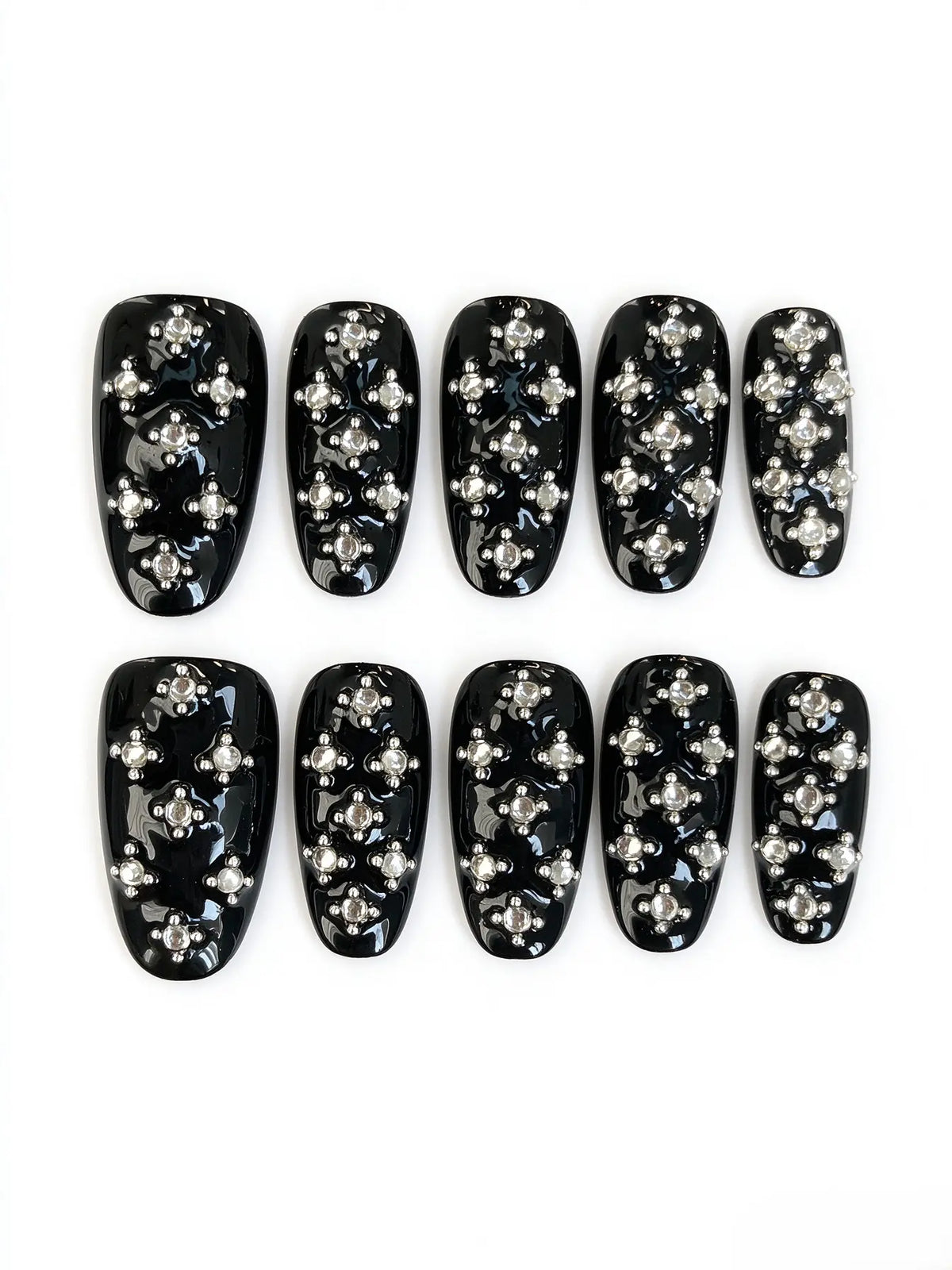 Glossy Black Cross Rhinestone Medium Coffin Nails