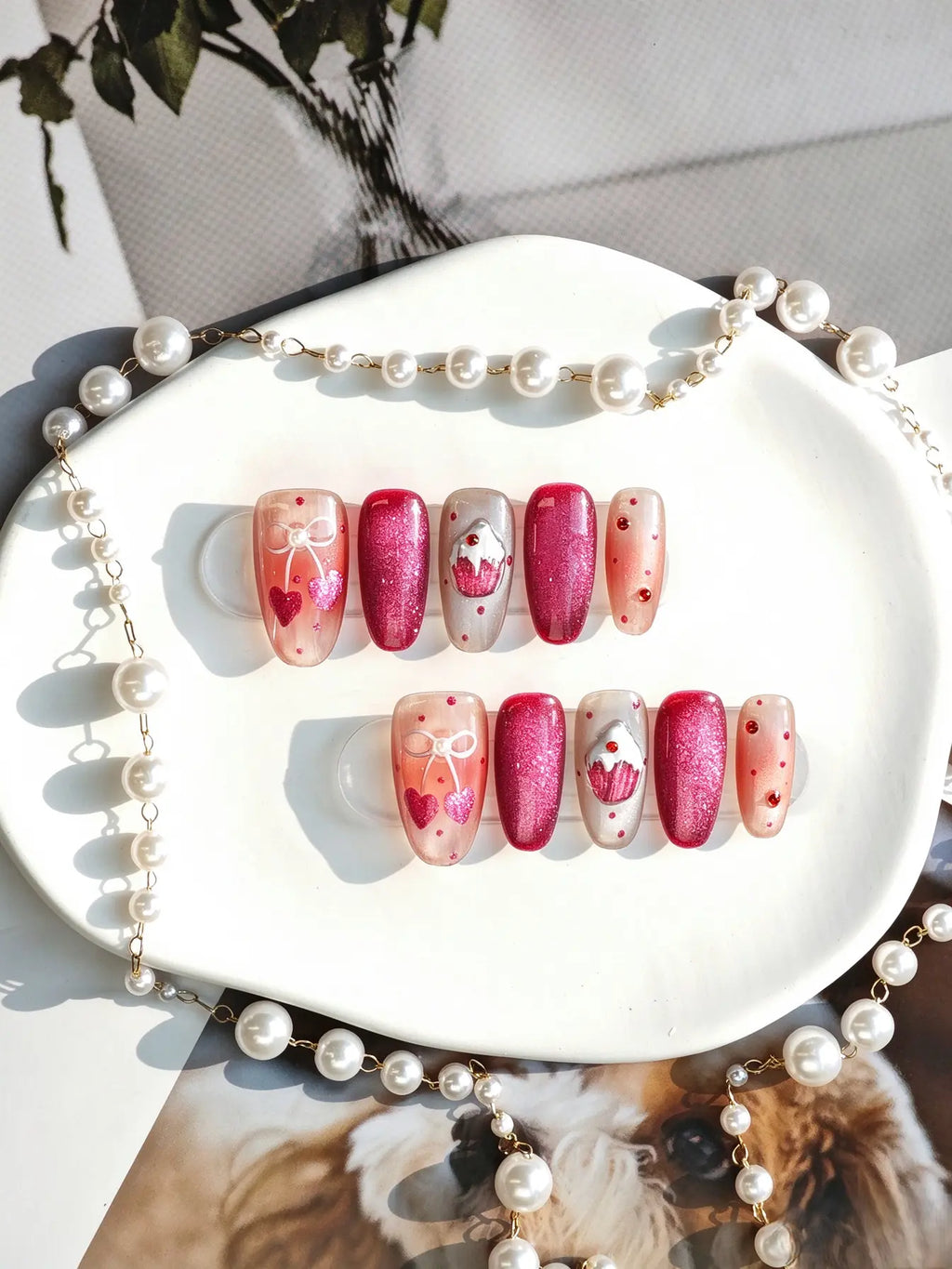 Press On Nails | 3D Cupcake Heart Bow Long Coffin Nails