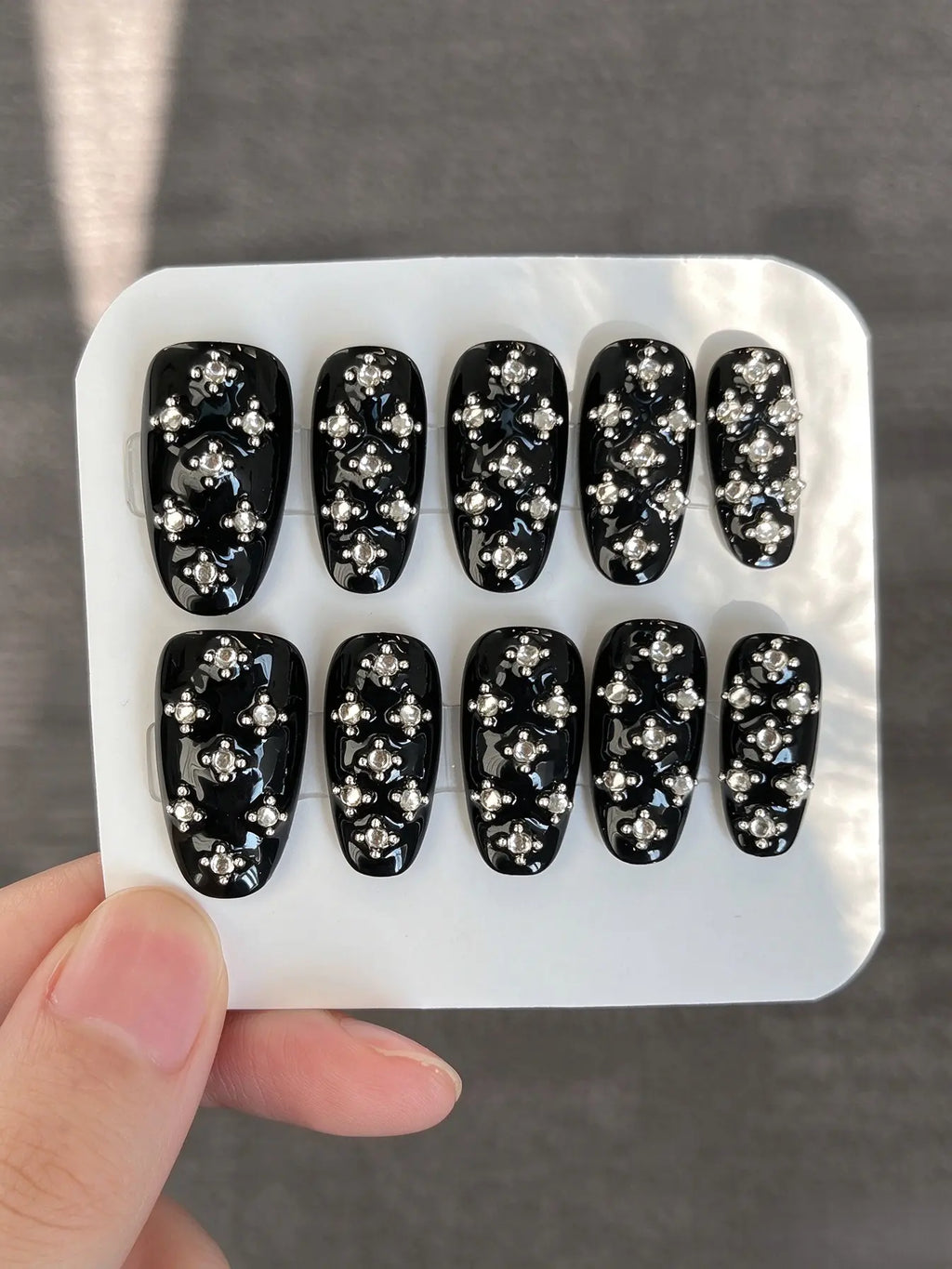 Glossy Black Cross Rhinestone Medium Coffin Nails