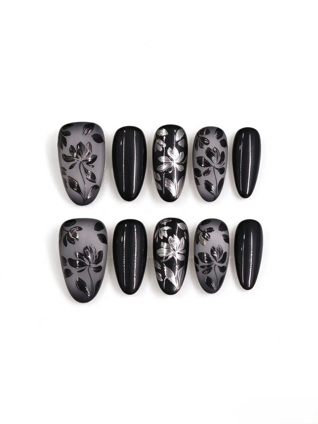 Sheer Black Floral Medium Oval Nails