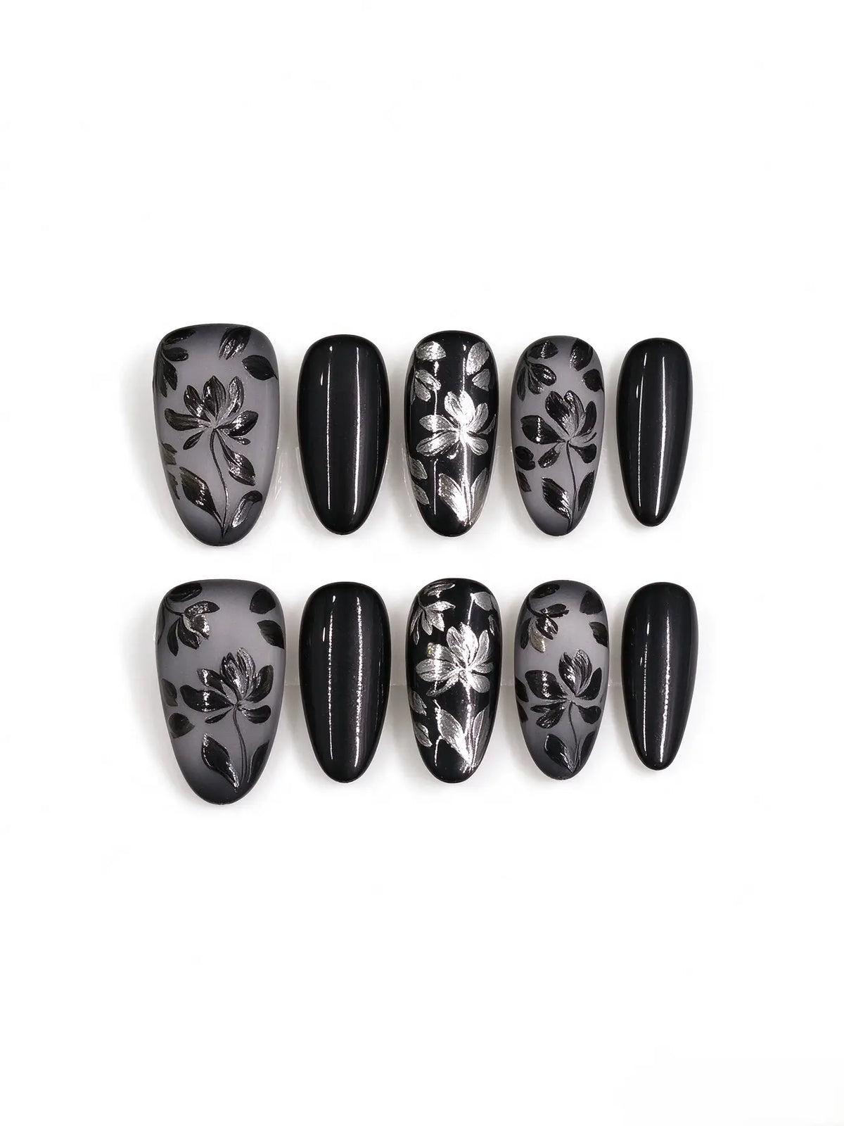 Sheer Black Floral Medium Oval Nails