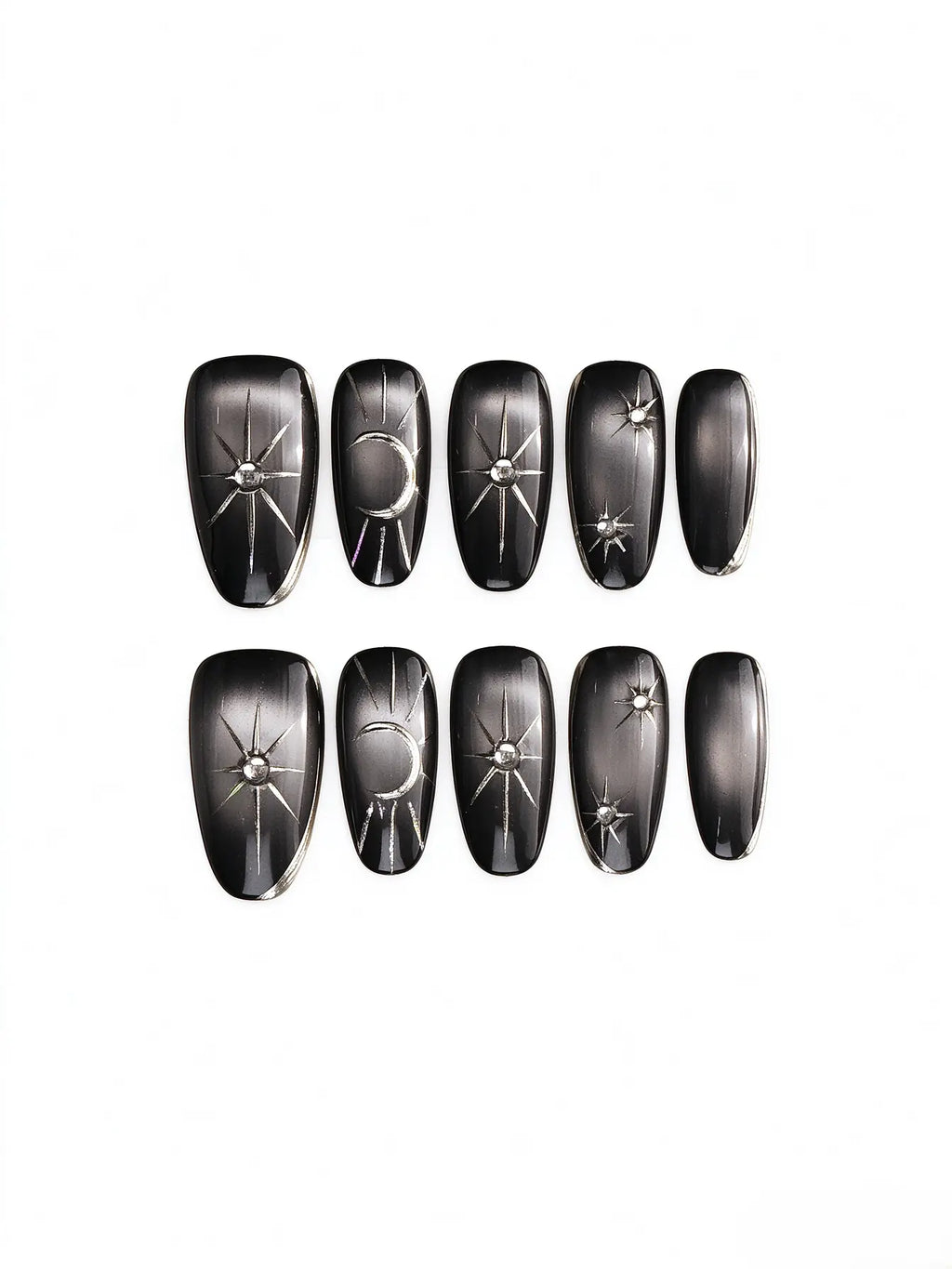 Black Cat‑Eye Sun Moon Star Medium Coffin Nails