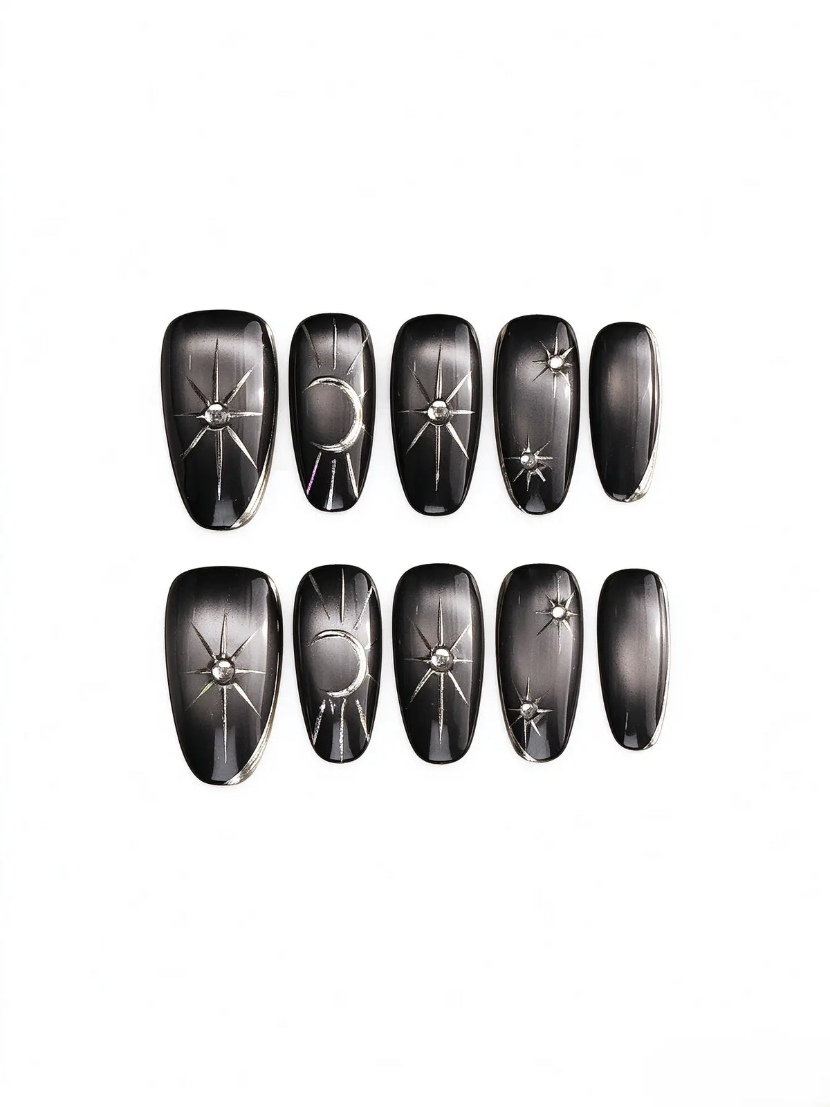 Black Cat‑Eye Sun Moon Star Medium Coffin Nails