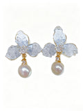 Natural Freshwater Pearl Floral Drop Stud Earrings, Sophisticated Crystal‑Accent Flower Earrings for Women