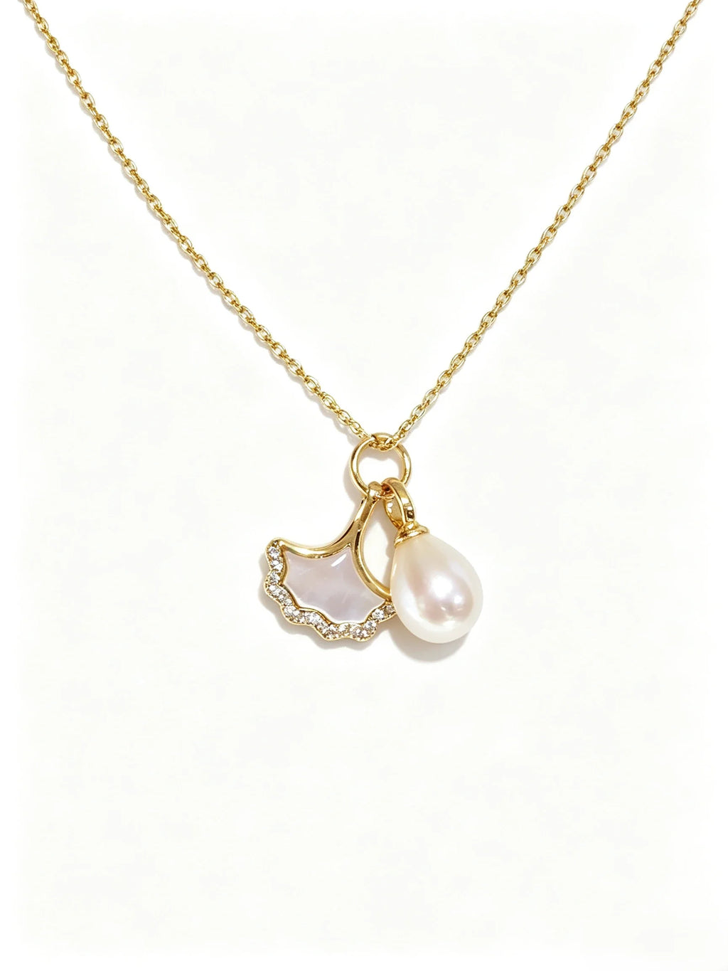 Natural Freshwater Pearl & Mother‑of‑Pearl Ginkgo Leaf Pendant Necklace, Sophisticated Zircon Accent Gold Plated Necklace for Women