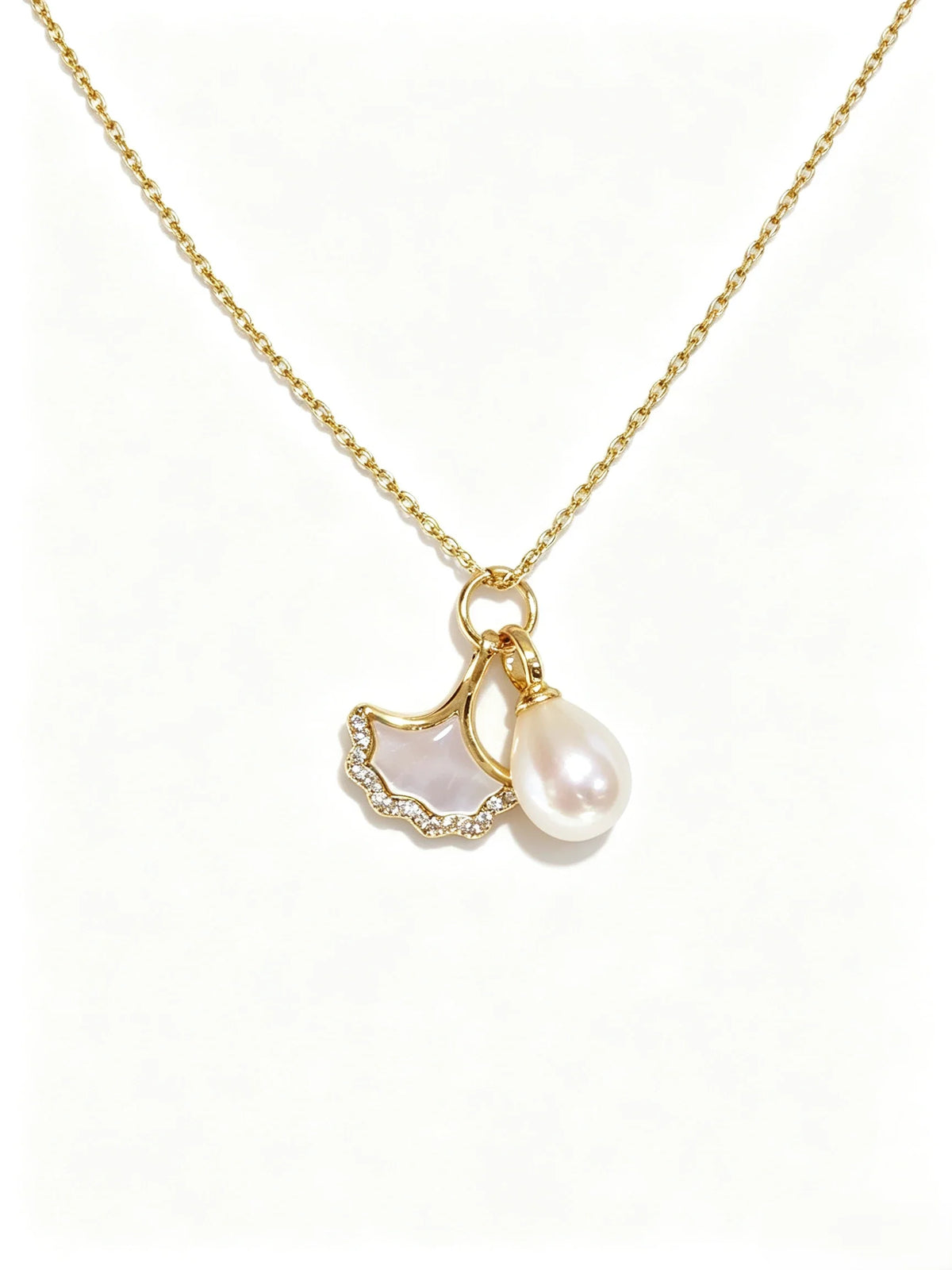 Natural Freshwater Pearl & Mother‑of‑Pearl Ginkgo Leaf Pendant Necklace, Sophisticated Zircon Accent Gold Plated Necklace for Women