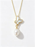 Butterfly Mother‑of‑Pearl Natural Freshwater Pearl Teardrop Pendant Necklace, Elegant Women Collarbone Chain