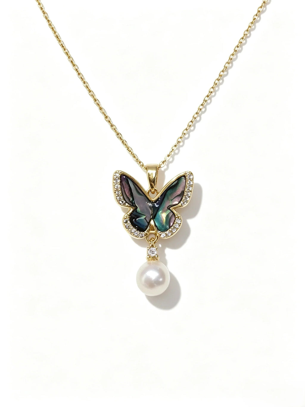 Iridescent Abalone Shell Butterfly Pendant Necklace, Lustrous Natural Freshwater Pearl Necklace for Ladies