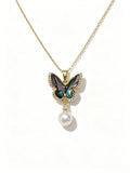 Iridescent Abalone Shell Butterfly Pendant Necklace, Lustrous Natural Freshwater Pearl Necklace for Ladies